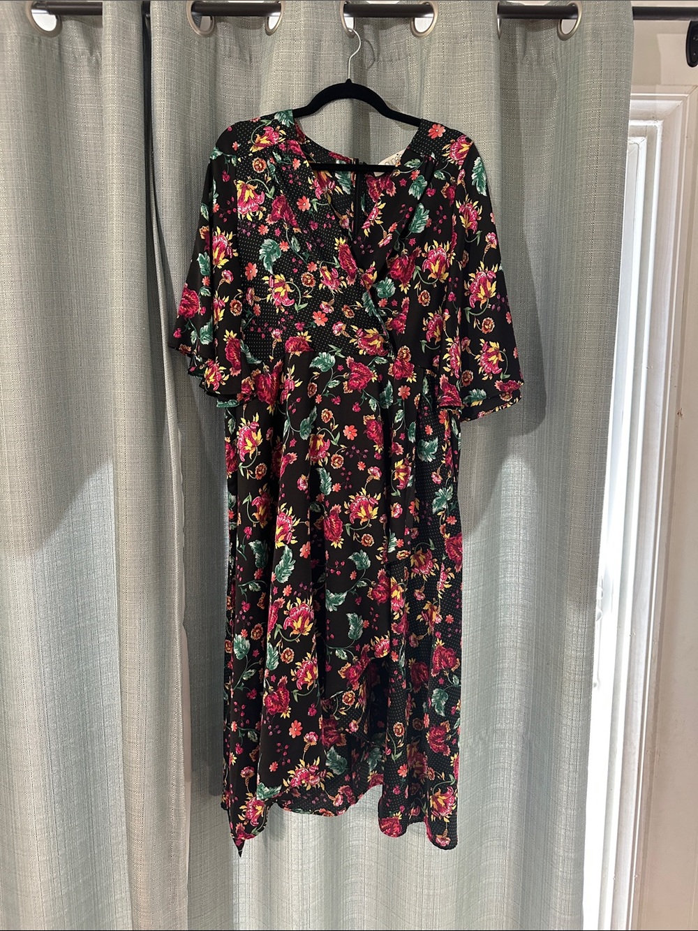 Black Floral Wrap Midi Dress with Pink & Green Blooms